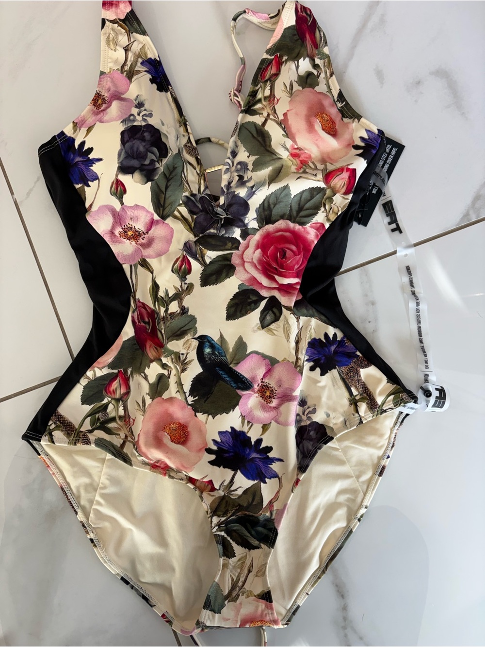 TA3 Plungey floral swimsuit shaping corset lace up back with rose bloom print